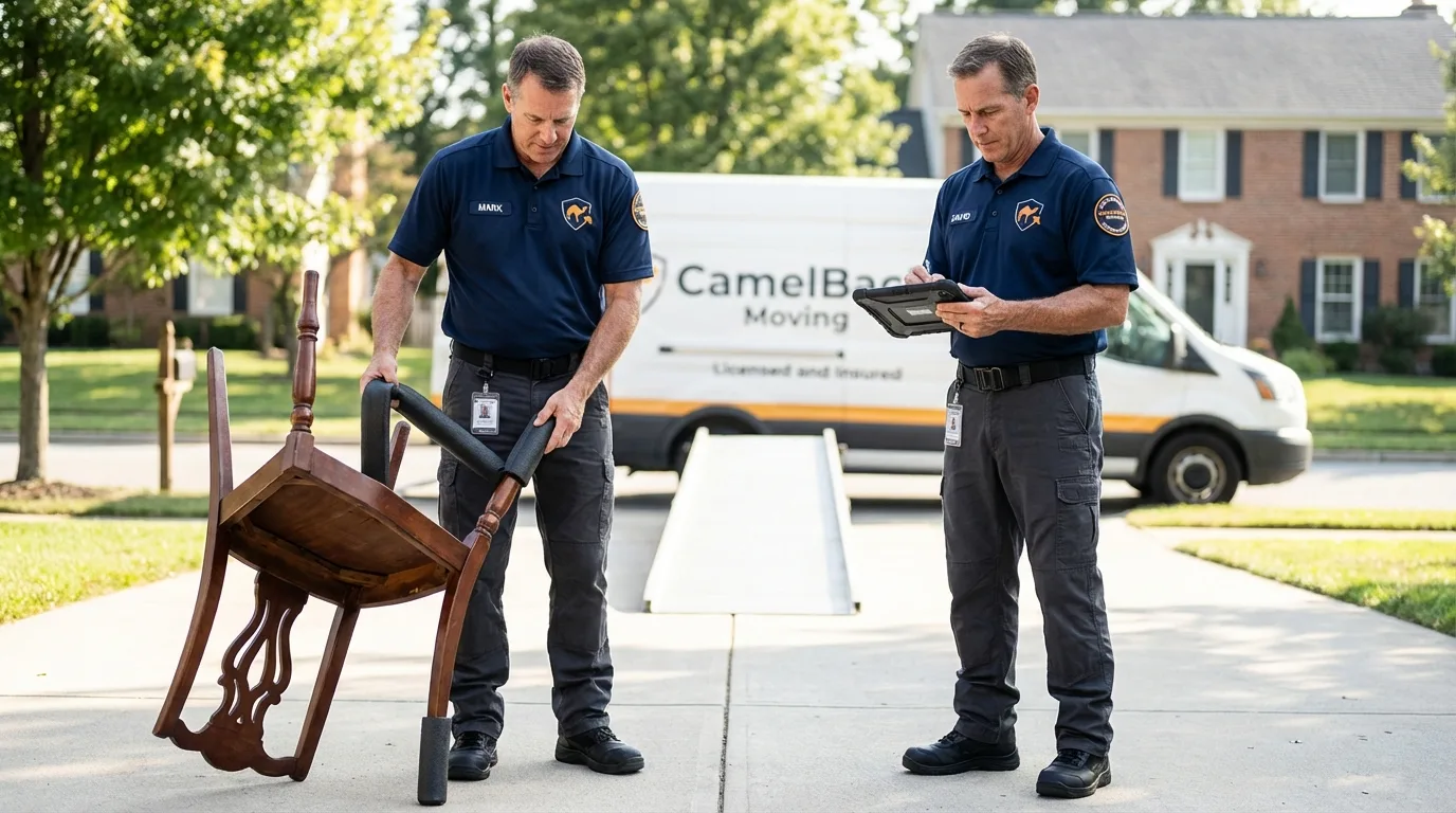 Movers inspecting furniture for damage prevention before loading in Oakland, FL