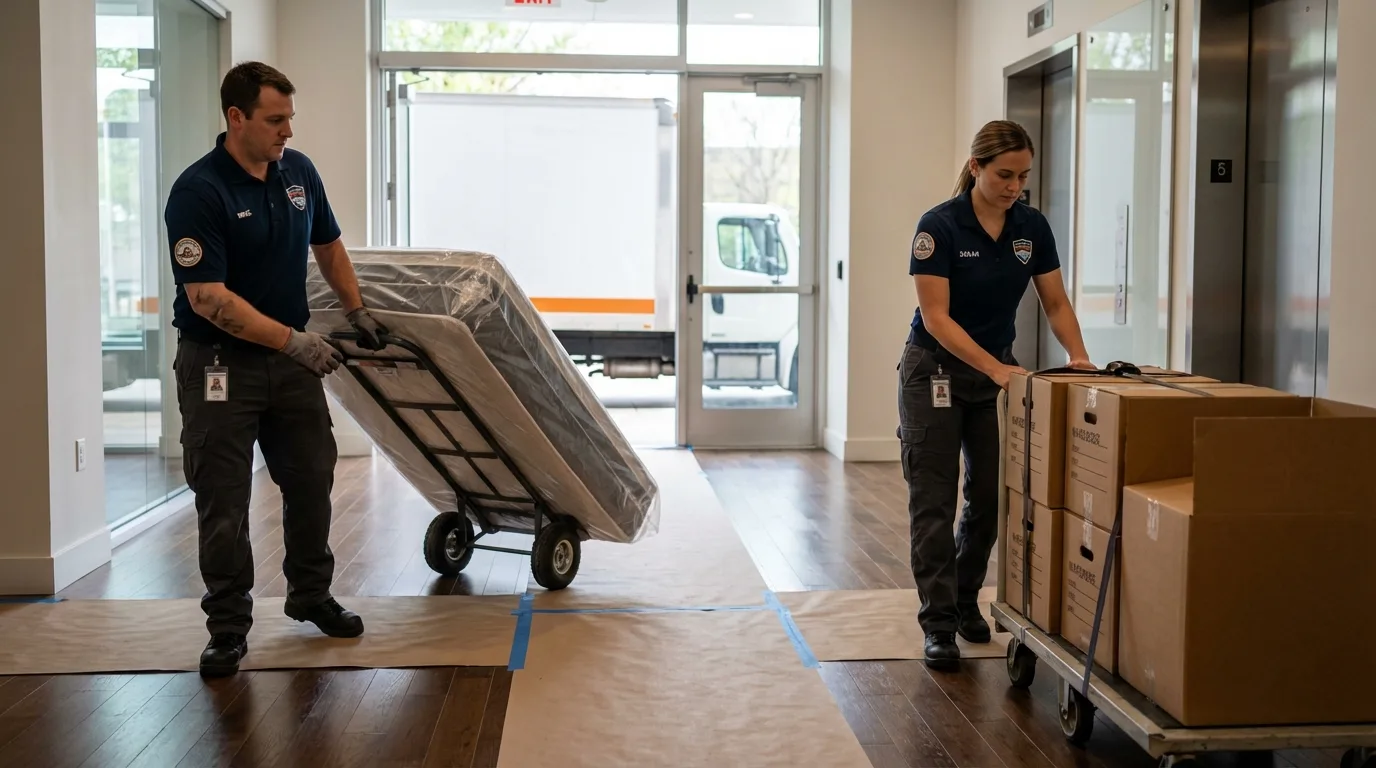 Professional apartment movers loading elevator in Oakland, FL
